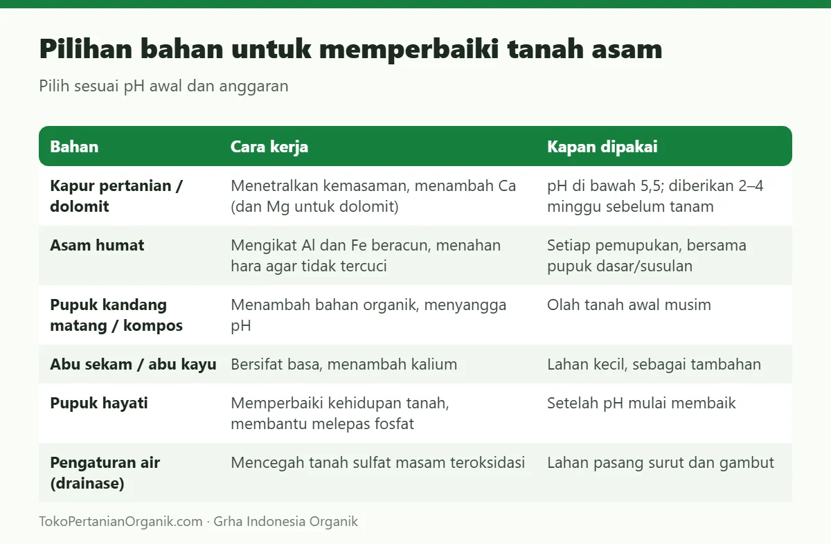 Pilihan bahan untuk memperbaiki tanah asam